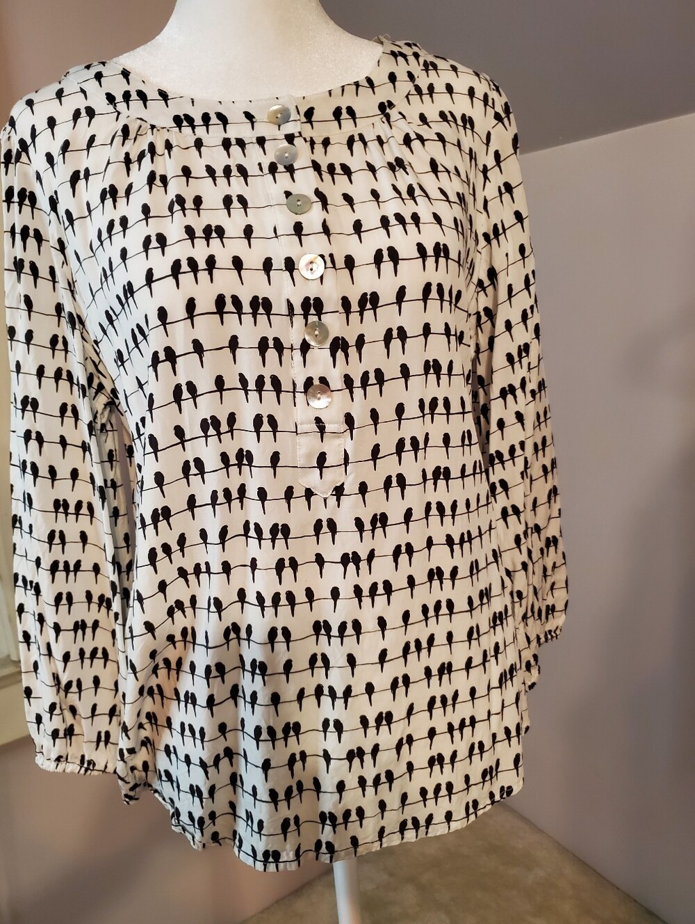 3/4 Sleeve Bird On A Wire Print Blouse